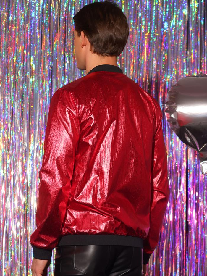 Lars Amadeus 長袖コート ジッパーアップ シャイニー パーティー ボンバー バーシティ メタリック ジャケット メンズ レッド 2XL