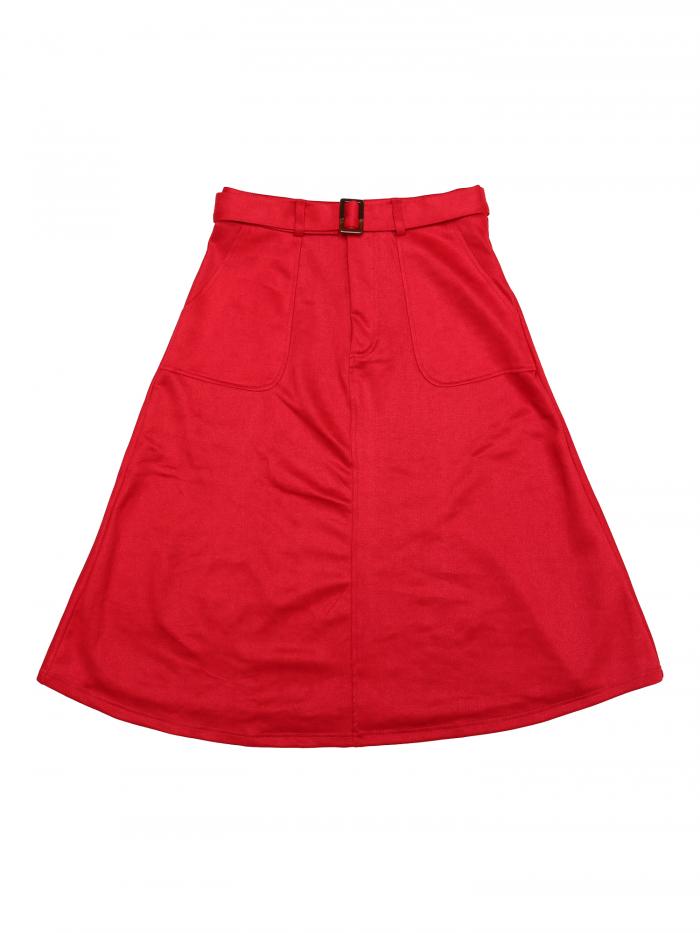 Allegra K ミドル丈スカート ストレッチ Aライン ベルト付き カジュアル フェイクスエード ポケット レディース ダークレッド S