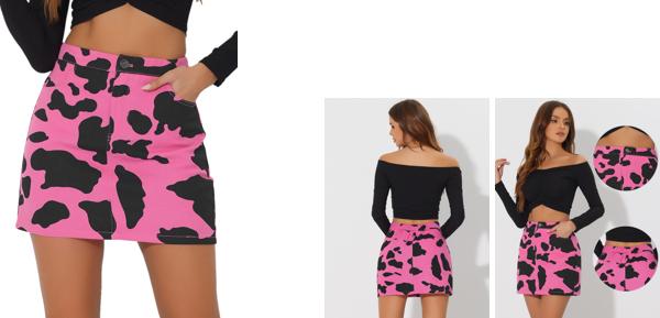 ソウテンのAllegra K ショートスカート ミニスカート 牛柄 美脚 プリント カジュアル シック デニム ハイウエスト レディース ホットピンク XS｜アングル2