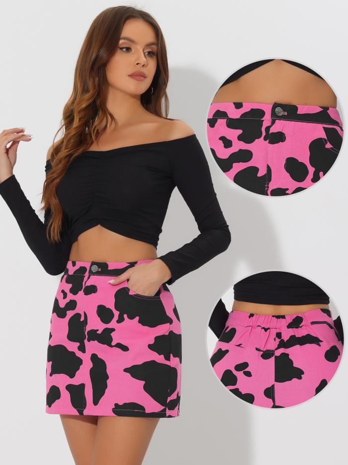 ソウテンのAllegra K ショートスカート ミニスカート 牛柄 美脚 プリント カジュアル シック デニム ハイウエスト レディース ホットピンク XS｜アングル3