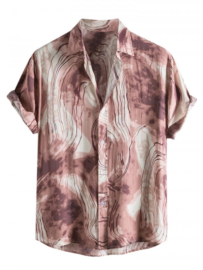 Lars Amadeus サマーシャツ プリントシャツ 半袖トップス 不規則パターン ボタンダウン ハワイアン メンズ レッドホワイト 2XL
