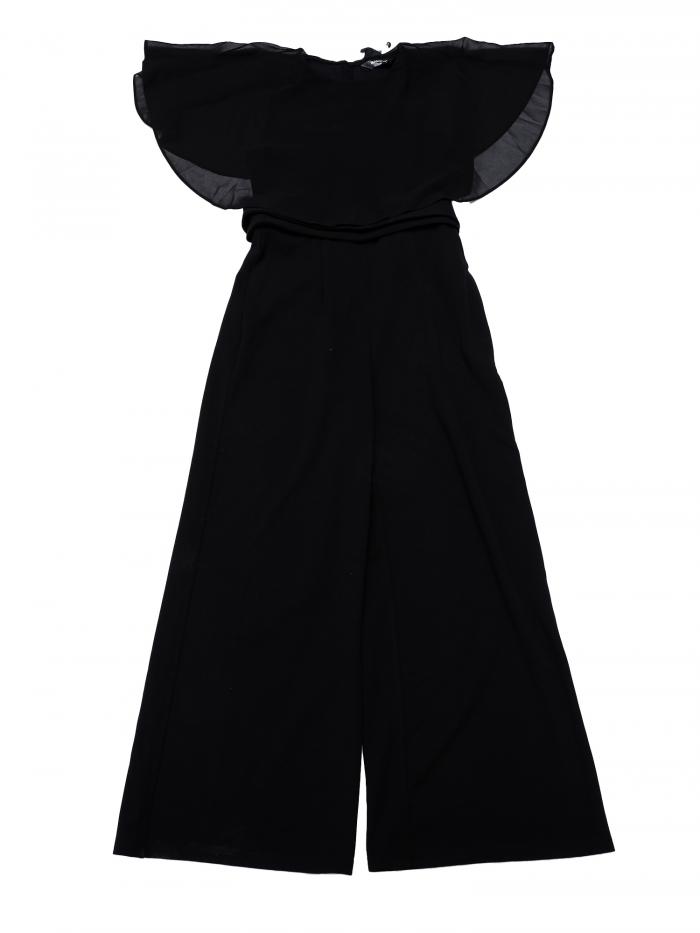 Allegra K フリル袖ジャンプスーツ レディース カジュアル ドレッシー タイウエストワイドレッグジャンプスーツ ブラック XL