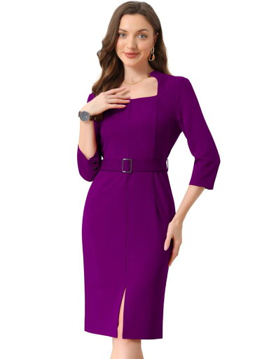 Allegra K レディース ペンシルドレス 3/4 スリーブ ベルト付き スリット レトロ ビジネス シースドレス パープル XS Allegra K レディース ペンシルドレス 3/4 スリーブ ベルト付き スリット レトロ ビジネス シースドレス パープル XS