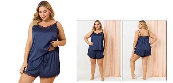 Agnes Orinda パジャマセット プラスサイズ キャミレース パネル 伸縮性ウエスト ショーツ レディース ブルー 4XL