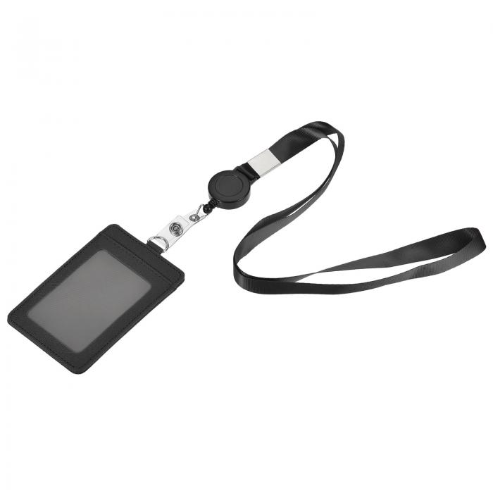 バッジホルダー 縦 PUレザー IDホルダー 2つのカードスロットと調整可能なネックストラップ付き ブラック ID名札アクセスカード用 11 cmx7.5 cm