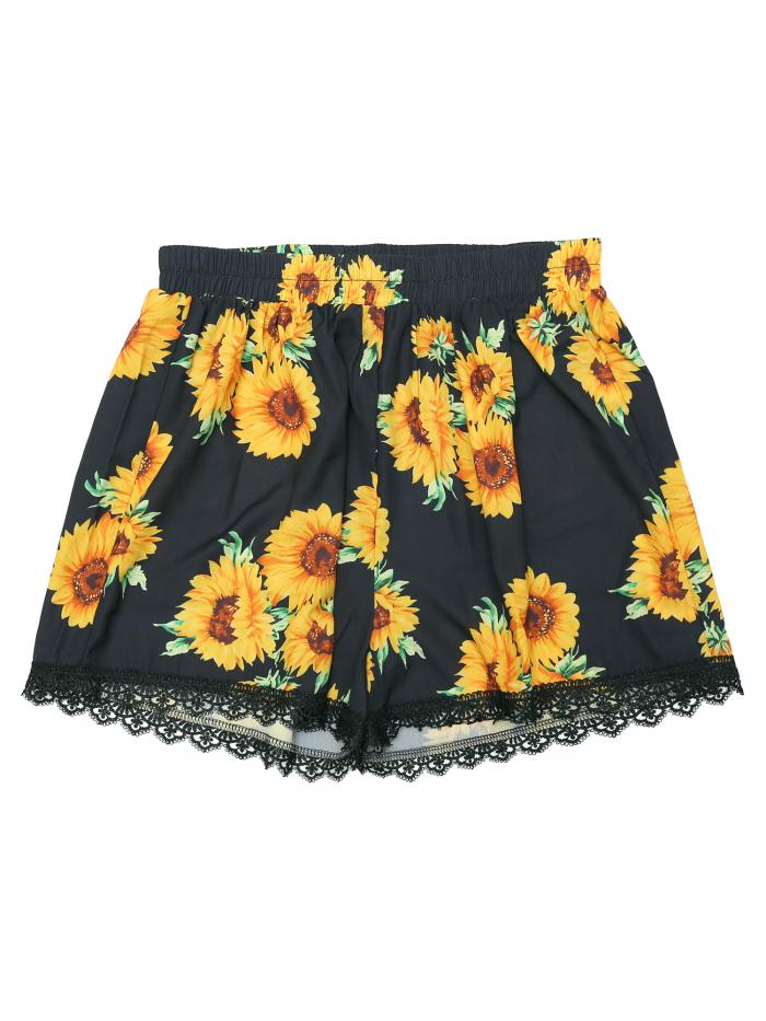 Allegra K ショートパンツ 短パン 花柄 ショーパン ショーツ レース裾 ウェストゴム レディース ブラック 黄色い花 XS