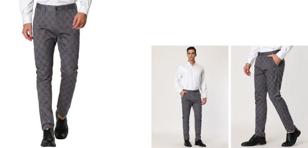 Lars Amadeus ストレートレッグスーツパンツ チェック柄 ビジネスパンツ スーツパンツ スリムフィット フラットフロントメンズ グレー 34