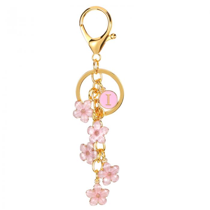 PATIKIL イニシャルレターフラワーキーチェーン アルファベットIエナメルチャ ームフラワーキーリングキーズホルダーバッグハンドバッグバックパックパースアクセサリー 誕生日 バレンタインデー クリスマス ピンク