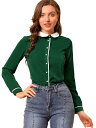 Allegra K 丸襟ブラウス シャツ オフィス ビジネス 長袖 ボタン トップス 春 秋 レディース グリーン M