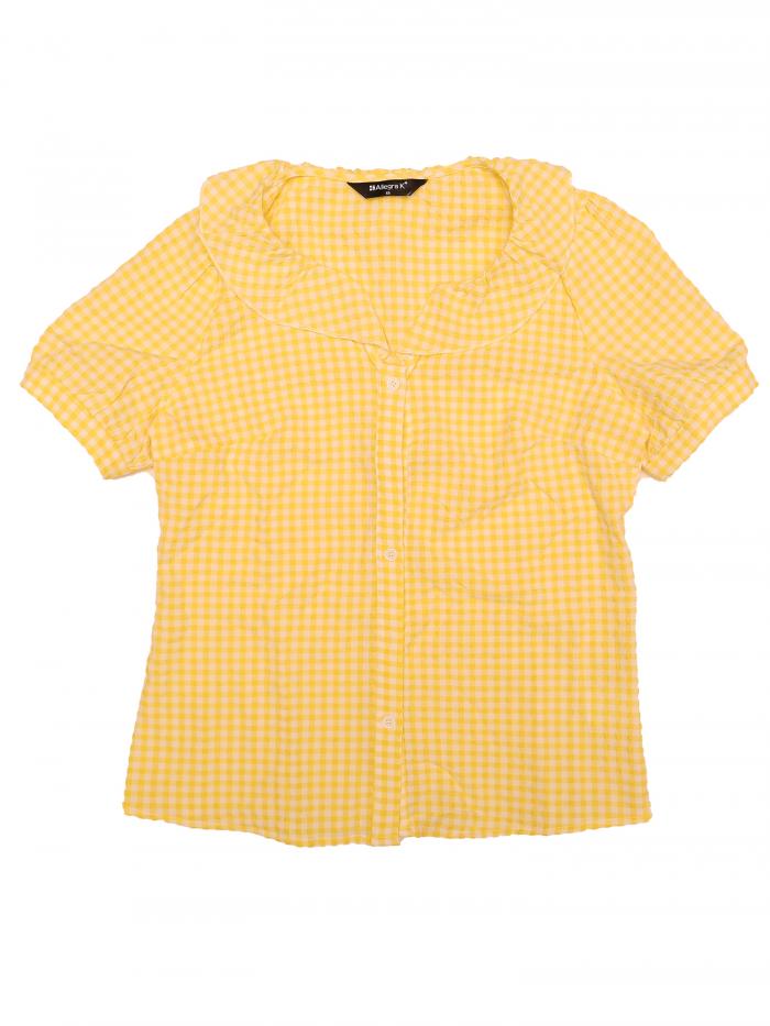 Allegra K ブラウス レディース 半袖 コットンブラウス フリル チェック柄 シャツ オフィス パフスリーブ カジュアル トップス 着痩せ おしゃれ 通勤 OL イエロー S