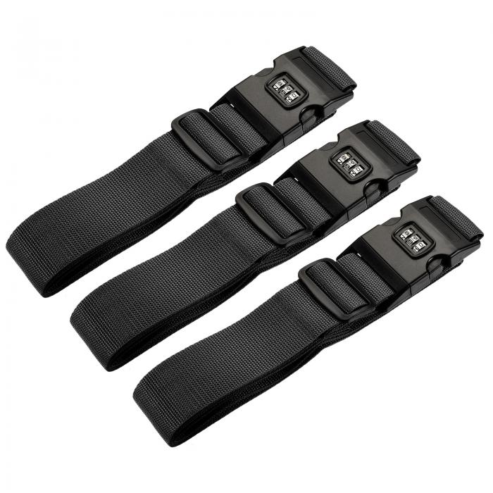 スーツケースストラップ バックパックストラップ トラベルアクセサリー 調整可能 コンビネーションロック付き ネームタグ付き ブラック2m長さ 3本入