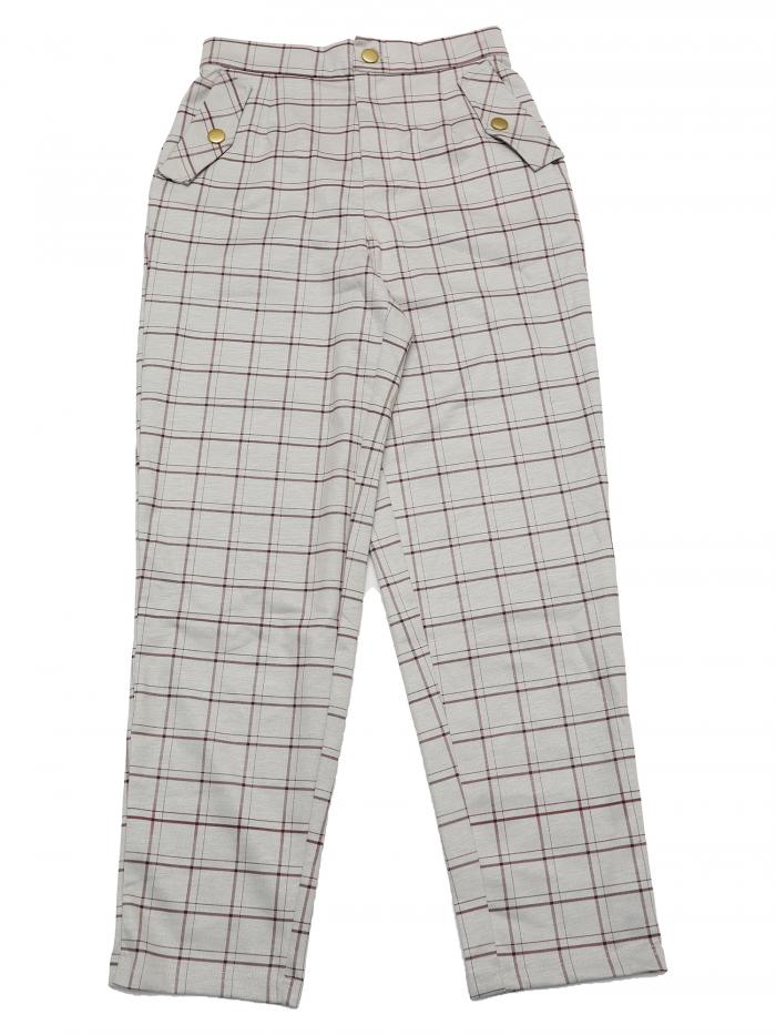 Allegra K ロングパンツ タータンチェック柄 ストレートウエストゴム ヴィンテージ レディース ベージュ XL