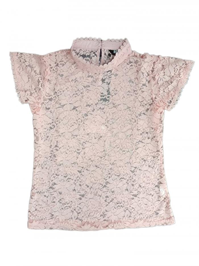 Allegra K ブラウス シースルー 総レース 立て襟 半袖 シャツ オフィス トップス 着痩せ エレガント ゴージャス レディース ピンク色 L