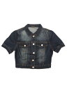 Allegra K デニムジャケット ジーンズコート ウォッシュド パフ半袖 クロップ レディース ダークブルー M