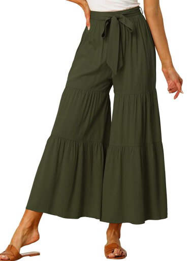 Allegra K ワイドレッグパンツ パラッツォパンツ ハイウエスト タイウエスト フリル裾 ボヘミアン 伸縮性 レディース アーミーグリーン XS Allegra K ワイドレッグパンツ パラッツォパンツ ハイウエスト タイウエスト フリル裾 ボヘミアン 伸縮性 レディース アーミーグリーン XS