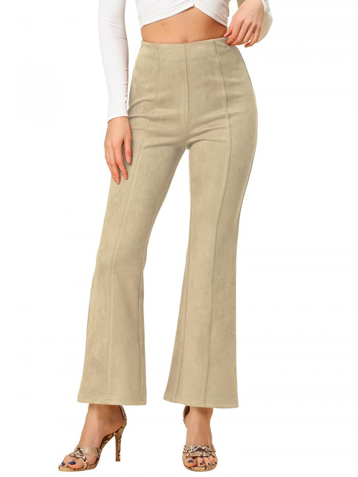 Allegra K ベルボトムパンツ フレアパンツ ワイドレッグ カジュアル フェイクスエード レディース ベージュ S