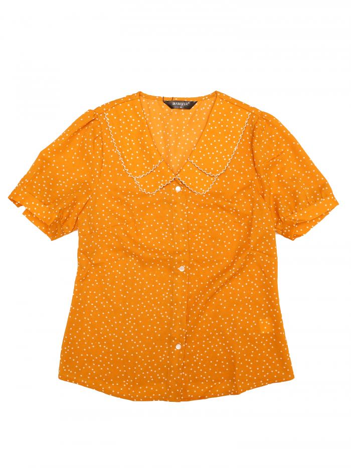 Allegra K 水玉 シャツ トップス 丸襟 パフスリーブ 半袖 ヴィンテージ レディース マスタード色 M