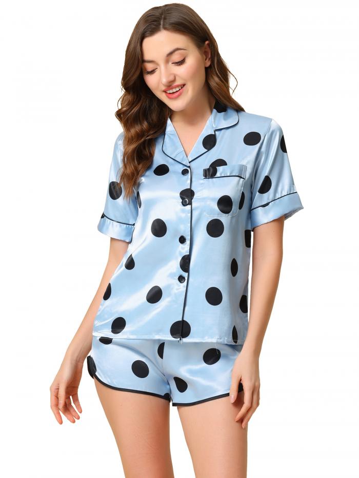 cheibear パジャマセット サテン ラウンジ パジャマ Tシャツとショーツ 2ピース 水玉 レディース ブルー L