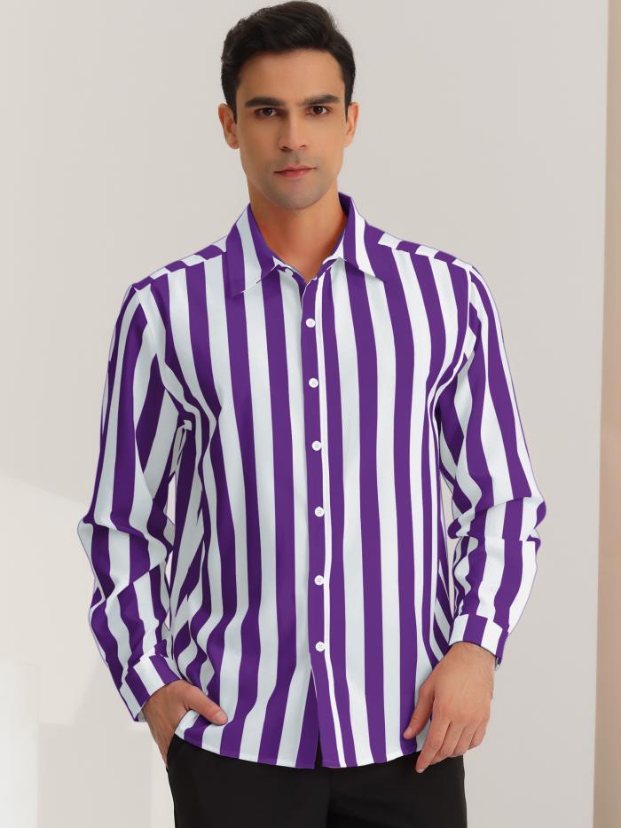 Lars Amadeus ドレスシャツ ストライプシャツ カジュアル 長袖 ボタンダウン クラシック フィット メンズ パープルホワイト S