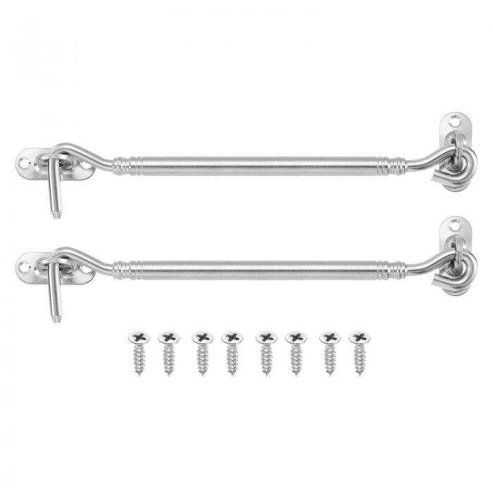 2個8"フックアンドア イラッチ、バーンドアロックステンレススチールキャビンフックプライバシードアゲートフックウィンドウスライディングドアフェンスシェッド用、シルバー