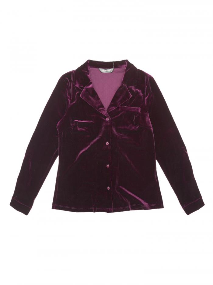 Allegra K シャツ トップス V ネック長袖 ボタン ダウン レトロ ベルベット レディース パープル XS