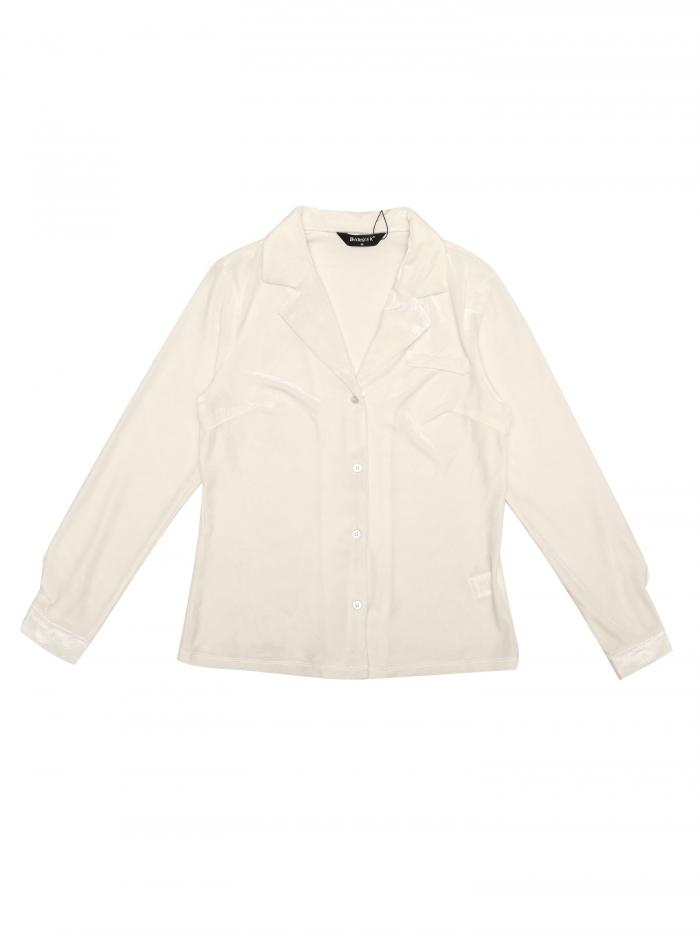 Allegra K シャツ トップス V ネック長袖 ボタン ダウン レトロ ベルベット レディース ホワイト L