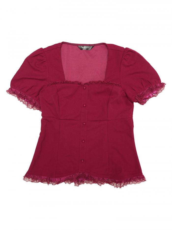 Allegra K カジュアルブラウス 半袖シャツ レーストップス ボタン ハートネック パフスリーブ ゴシック レディース パープル L