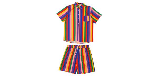 Lars Amadeus スポーツウェア ストライプ ビーチ ハワイアン 半袖シャツ ショーツ セット スーツ 上下セット おしゃれ メンズ レインボーパープル S