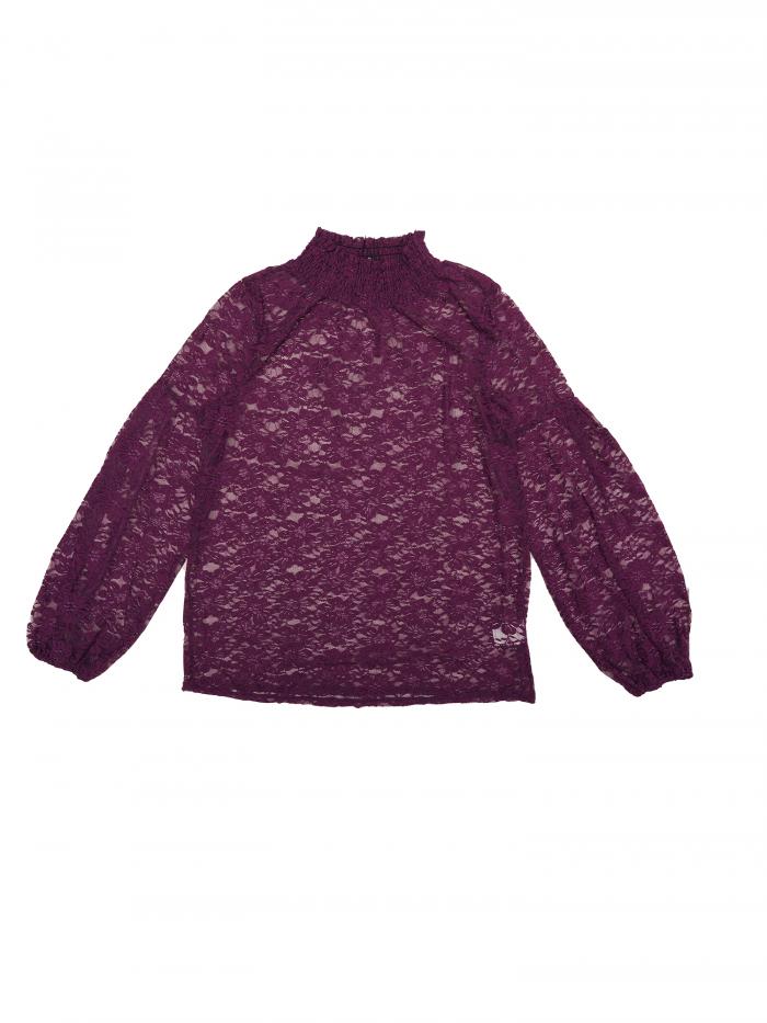 Allegra K ブラウス シースルー 総レース 長袖 セックシー シャツ オフィス トップス 着痩せ エレガント レディース パープル M