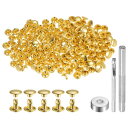 100セット レザーリベット6 x 8mm 金属製のダブルキャップリベットスナップスタッズファスナーと3個の取り付けツール レザークラフトDIY修理装飾用 金ト...