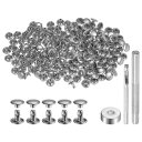100セット レザーリベット6 x 8mmメタルダブルキャップリベットスナップスタッドファスナーと3個の設置ツール レザークラフトDIY修理装飾用 シルバートーン