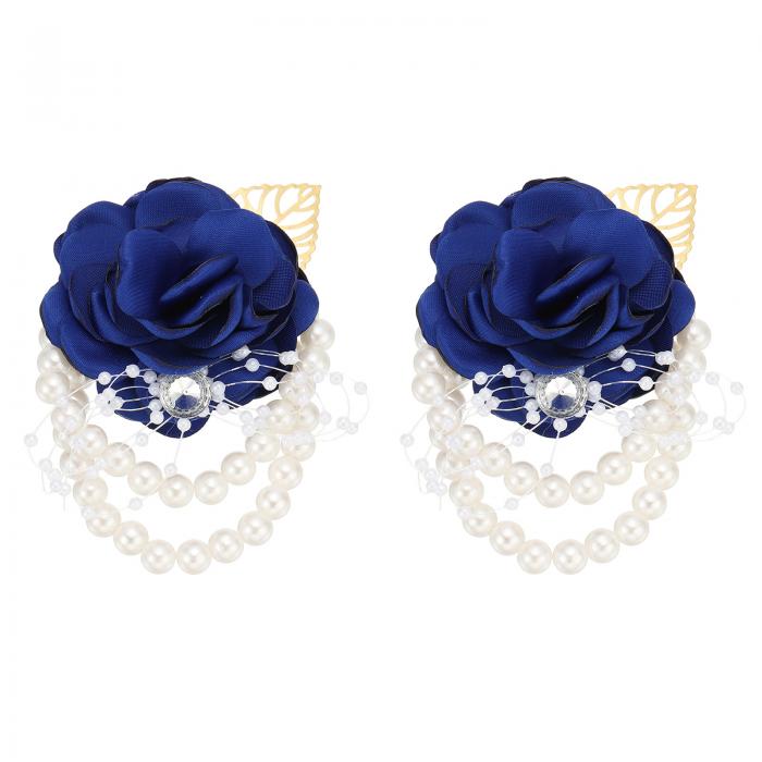 PATIKIL ローズブ ライズメイドリストフラワー 2パック 人工ローズフラワーリストコサージュブ ライドリストコサージュ ウェディングパーティーセレモニー用 ディープブルー