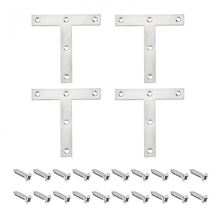 T型ブラケット 120 x 120 x 2 mm ステンレススチール メンディングプレート ジョイントファスナー用 取り付けネジ付き シルバートーン 4個入り