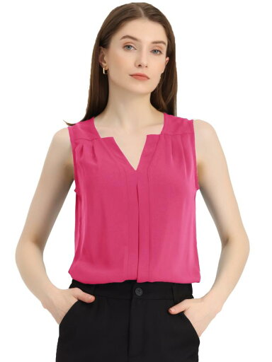 Allegra K タンクトップ ノースリーブブラウス シフォン Vネック オフィスワークシャツ レディース ホットピンク XL Allegra K タンクトップ ノースリーブブラウス シフォン Vネック オフィスワークシャツ レディース ホットピンク XL