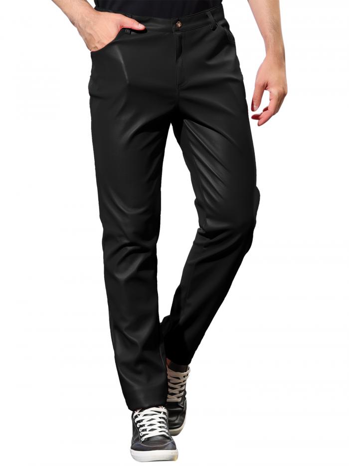 Lars Amadeus メタリックパンツ 光沢パンツ スリムフィット ナイト クラブ ディスコ シャイニー フェイクレザー メンズ ブラック 32
