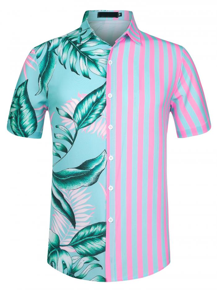 Lars Amadeus トロピカルプリントシャツ パッチワークシャツ サマー リーフ ストライプ ボタンダウン ハワイアン メンズ ミントピンク 2XL