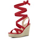 Allegra K レースアップウェッジヒール ストラップサンダル エスパドリーユ プラットフォーム ラウンドトゥ レディース レッド 25.5cm