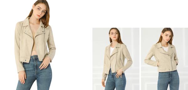 Allegra K ジャケット レディース 長袖 ショート丈 スエード カジュアル ベージュ M 2