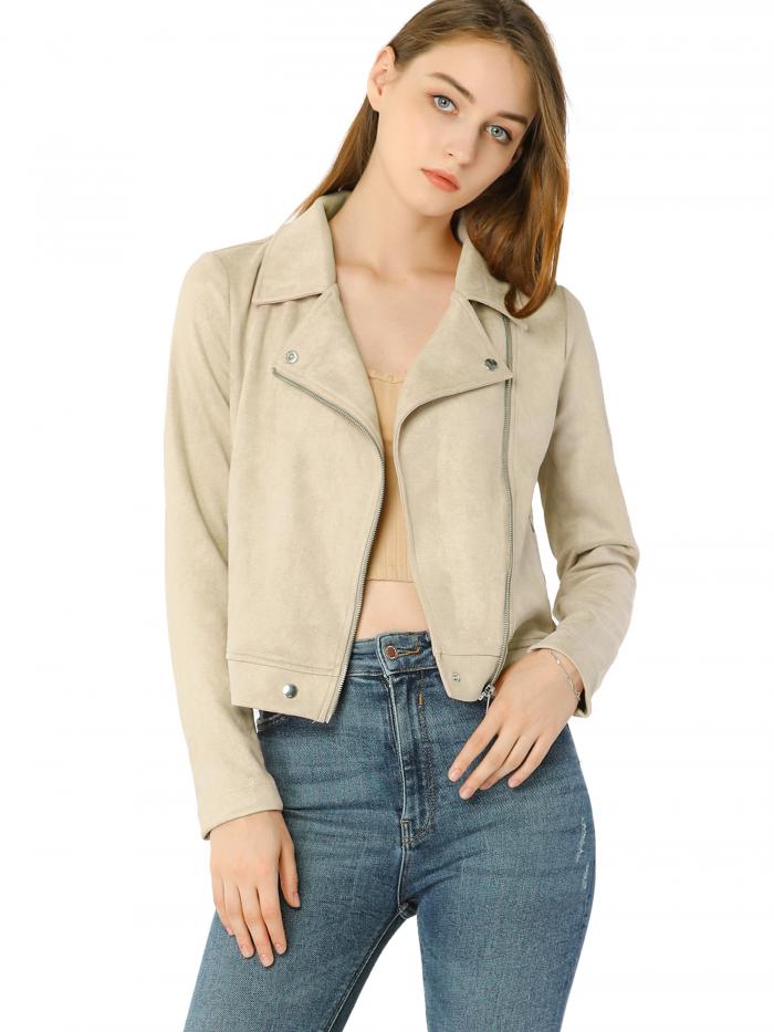 Allegra K ジャケット レディース 長袖 ショート丈 スエード カジュアル ベージュ M(4)