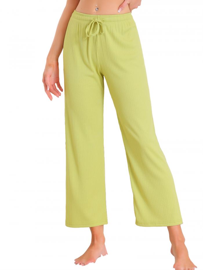 cheibear レディース ワイドレッグ ハイウエスト プルオン リブニット カジュアル ドローストリング パラッツォ トラウザーズ クロップドパンツ グリー...