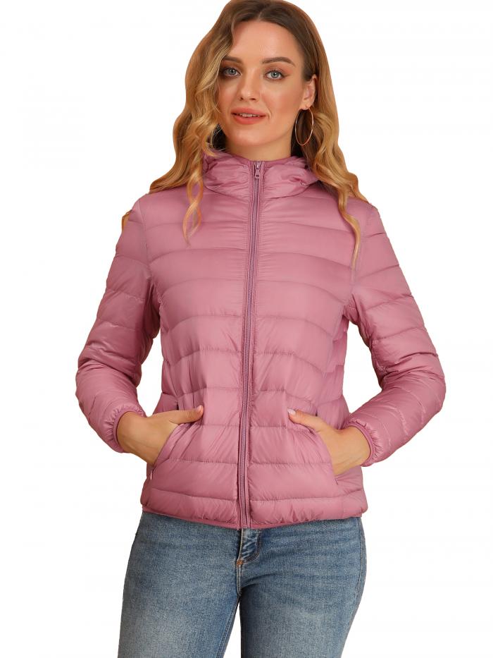 Allegra K フード付き 軽量 ジャケット収納可能 長袖ジップアップ レディース ピンク 2XL