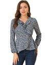 Allegra K ペプラム トップス 花柄 クロス フリルVネック ラップ カシュクール ブラウス レディース ブルーグレー S