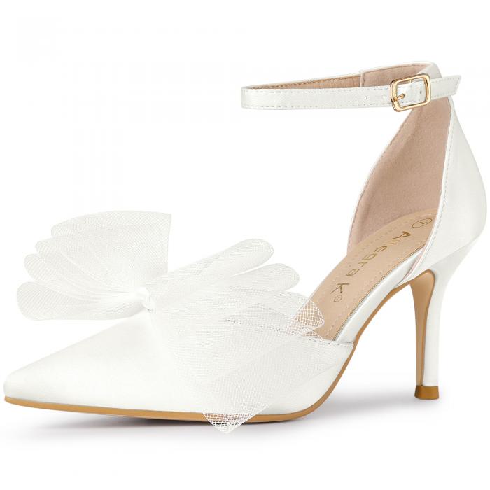 Allegra K パンプス 蝶ネクタイ アンクルストラップ スティレット ハイヒール レディース ホワイト 26.0cm