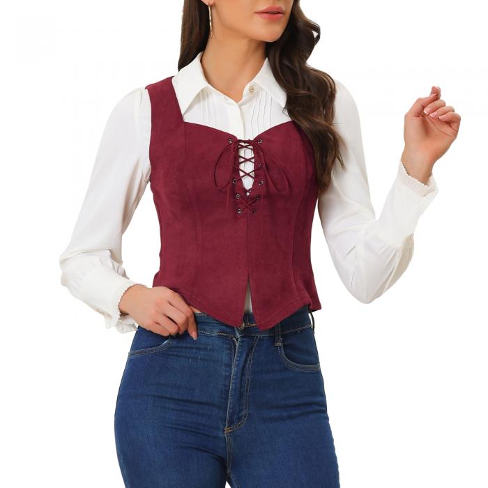 Allegra K ジャケット ノースリーブ フェイクスエード ベスト レースアップ レディース ワインレッド XS