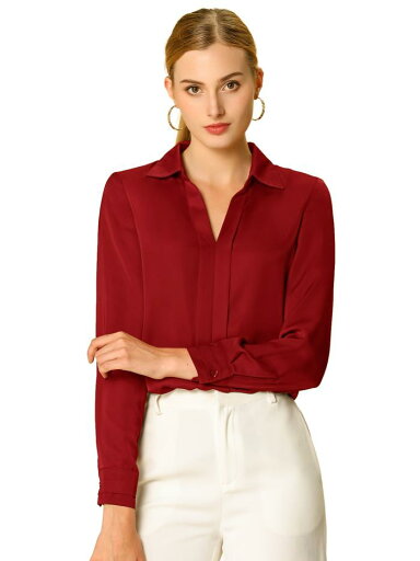 Allegra K オフィスブラウス 長袖 vネック 無地 プリーツ ベルト付き レディース レッド XL Allegra K オフィスブラウス 長袖 vネック 無地 プリーツ ベルト付き レディース レッド XL
