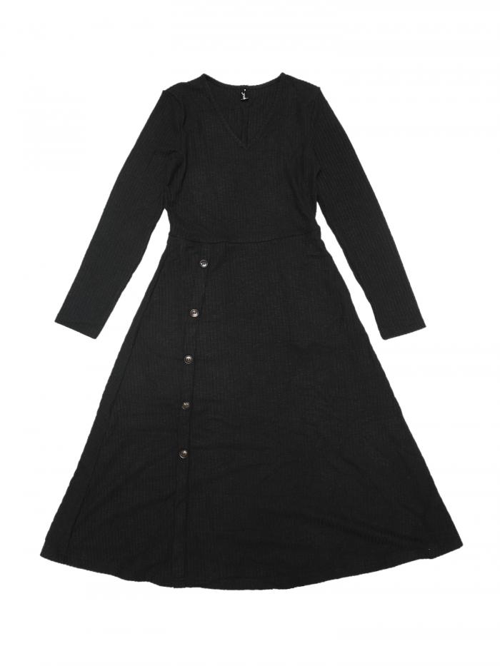 Allegra K レディース Vネック 長袖 ハイウエスト ボタン ゆったり Aライン エレガント ミディドレス ブラック S