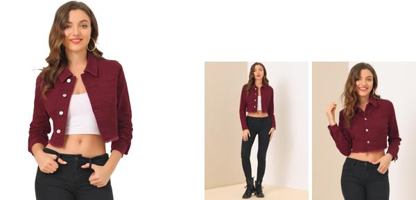 Allegra K デニムジャケット クロップドジャケット ジージャン Gジャン ショート丈 ダメージ 長袖 レディース ブルゴーニュ M