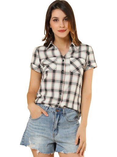 Allegra K 赤チェックシャツ 半袖 フランネル レディース ボタンダウン カジュアル 夏 ホワイトブラック XS Allegra K 赤チェックシャツ 半袖 フランネル レディース ボタンダウン カジュアル 夏 ホワイトブラック XS