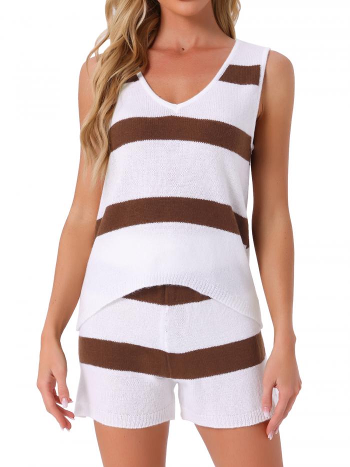 cheibear レディース ラウンジセット ストライプ タンクトップとショーツ Vネック ニット パジャマセッ..