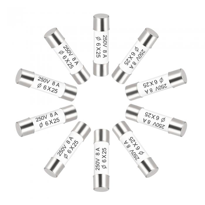 セラミックカートリッジヒューズ 8A 250V 6x25mm セラミックヒューズの高速ブロー交換 アンプ省エネランプバラスト用 10個